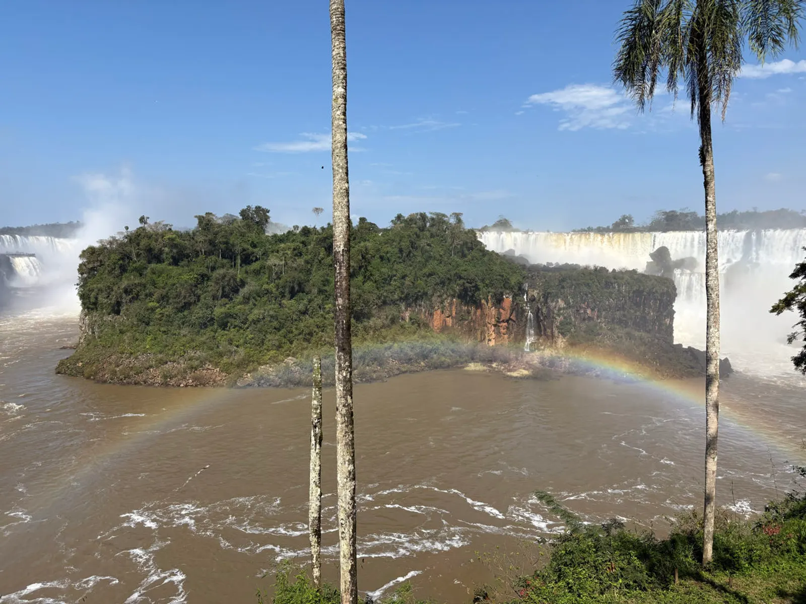 Regenboog boven de watervallen van Iguazú tussen palmbomen aan de Argentijnse kant