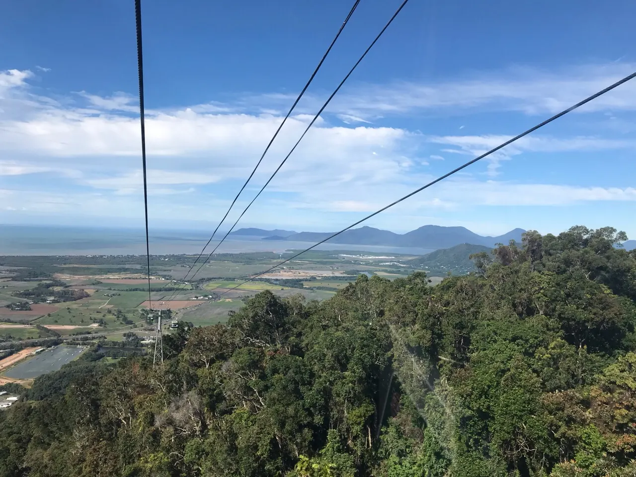 Uitzicht over de kust en suikerrietvelden bij Cairns vanaf de skyrail