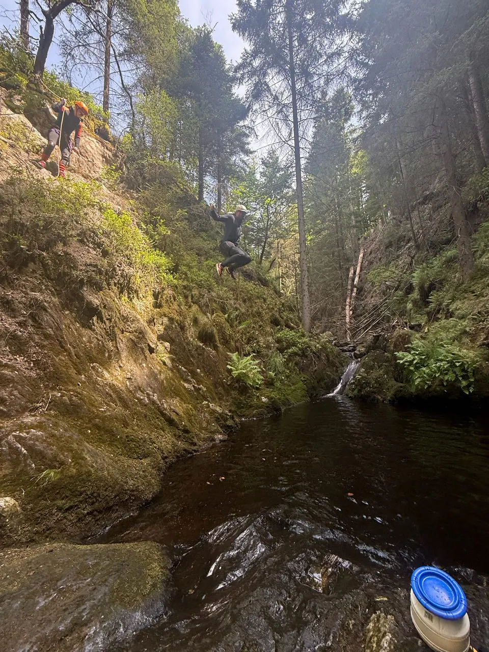 Een beekje met kleine waterval in een groen bos in de Ardennen