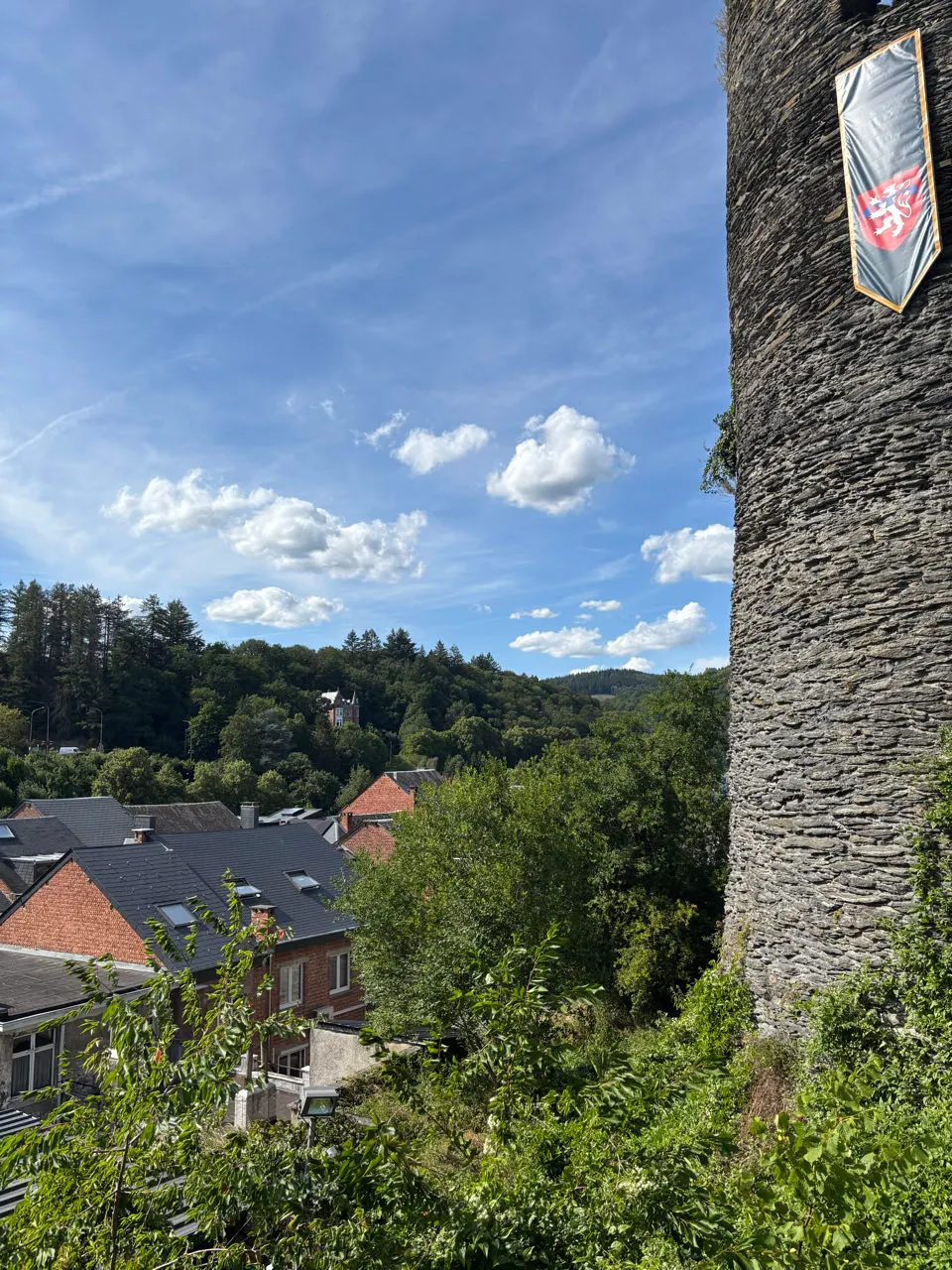 Toren van de kasteelruïne van La Roche-en-Ardenne met uitzicht over het groene dal