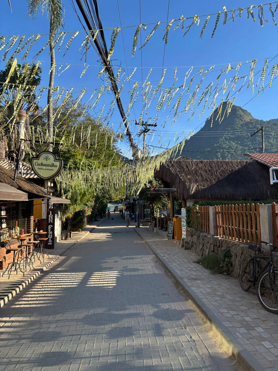 Een straat met vlaggetjes in het dorp Abraão op Ilha Grande