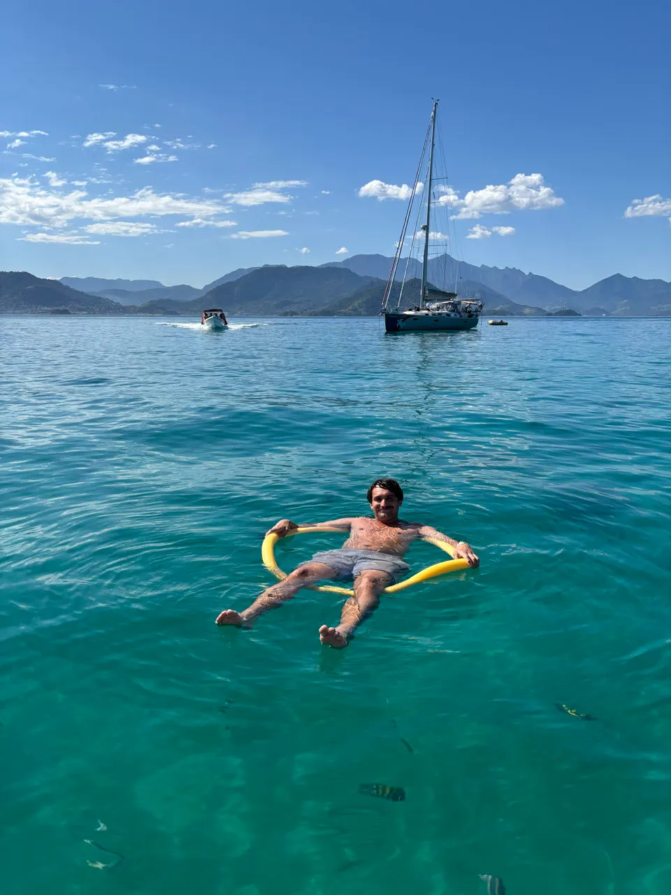 Zeilboten op turquoise water bij een eilandje bij Ilha Grande