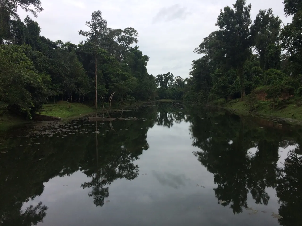 Een rustige tempelvijver omzoomd door bomen bij Angkor