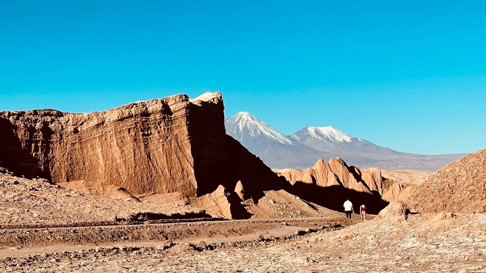Rode rotsformaties in de Valle de la Luna met een besneeuwde vulkaan in de verte, Atacama-woestijn
