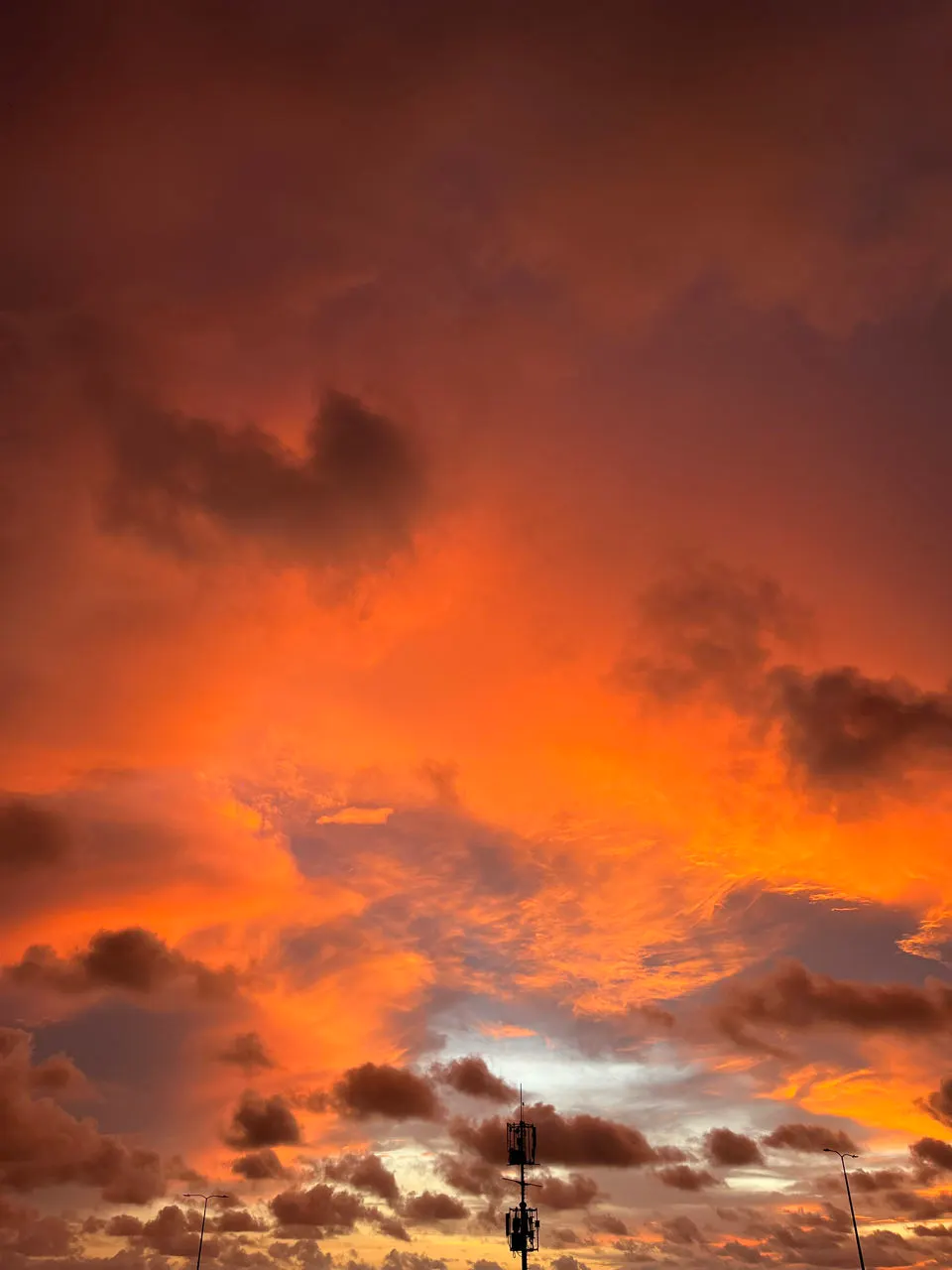 Een vurige oranje zonsondergang boven de daken van Cartagena
