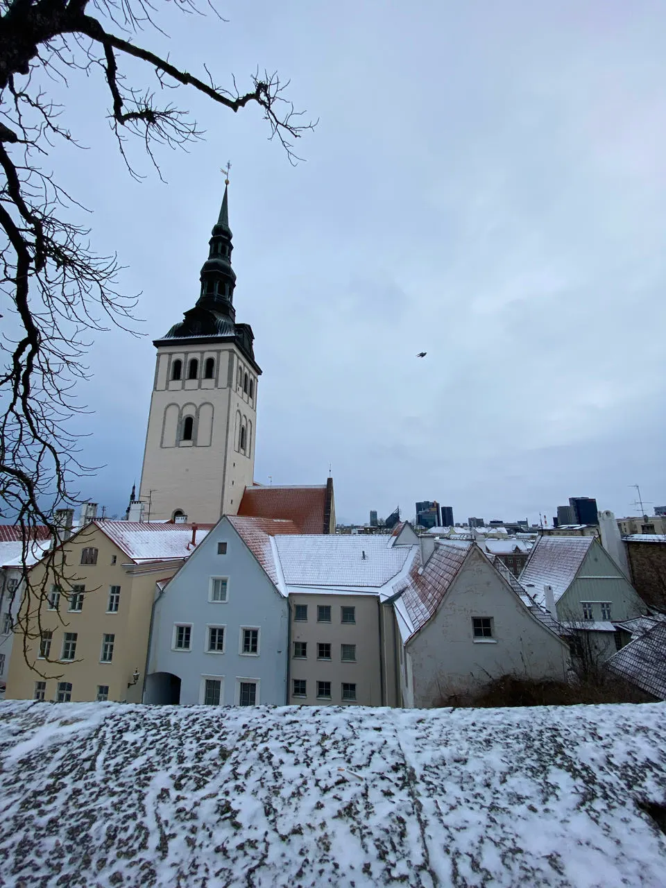 Uitzicht over de besneeuwde rode daken en kerktorens van de oude stad van Tallinn