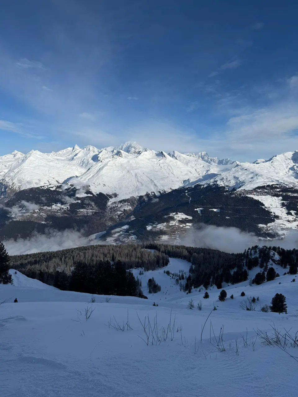 Panorama over de besneeuwde bergen van het skigebied Les Arcs in de Franse Alpen