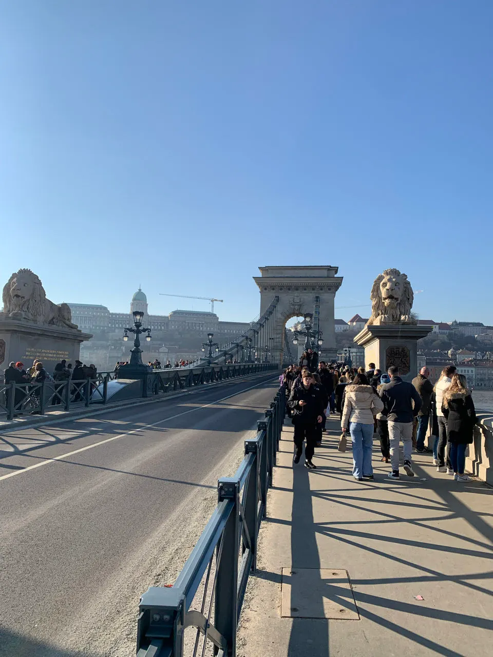 De Kettingbrug over de Donau in Boedapest met de leeuwenbeelden en Buda op de achtergrond