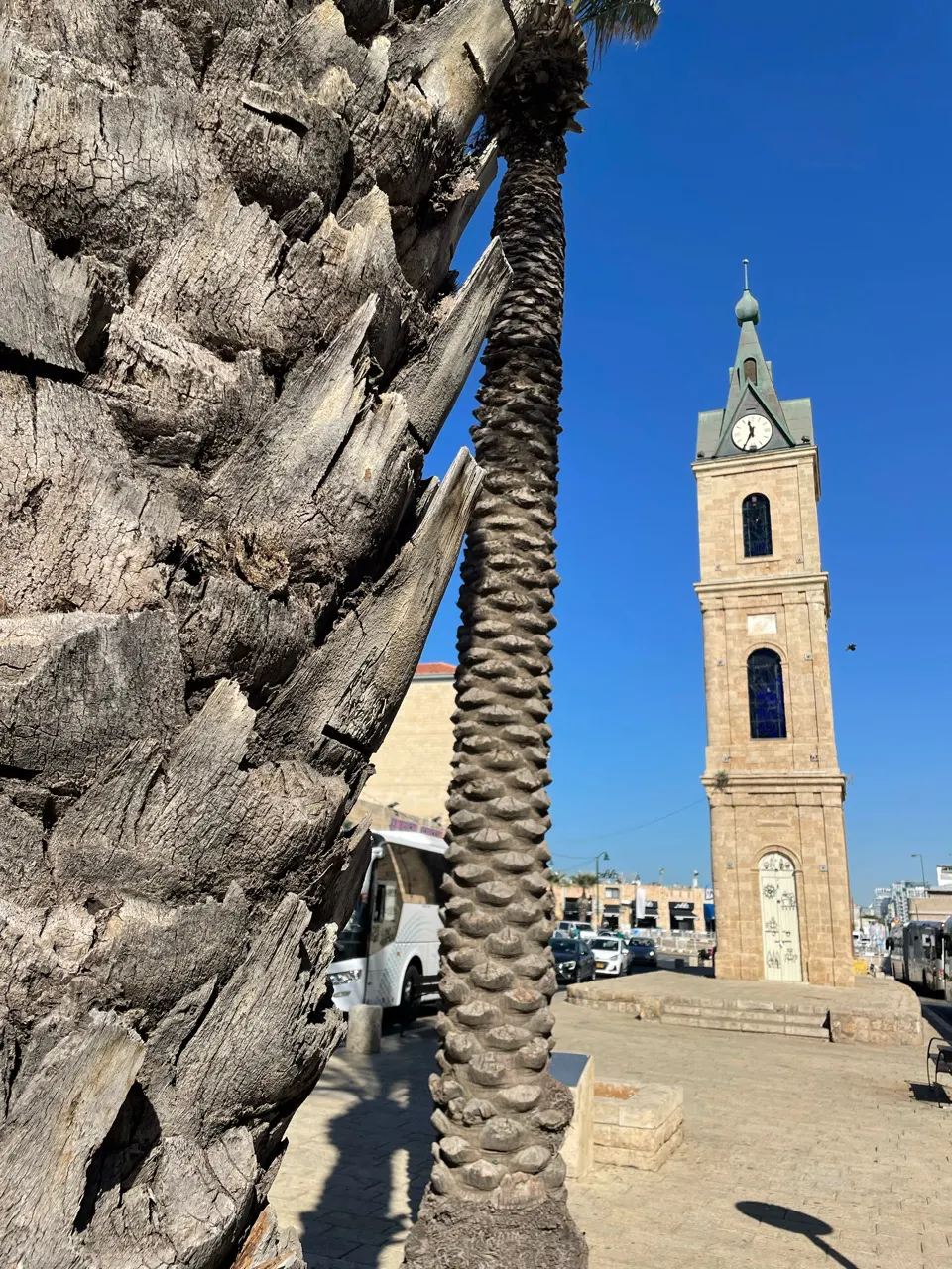 De historische klokkentoren van Jaffa met een palmboom op de voorgrond