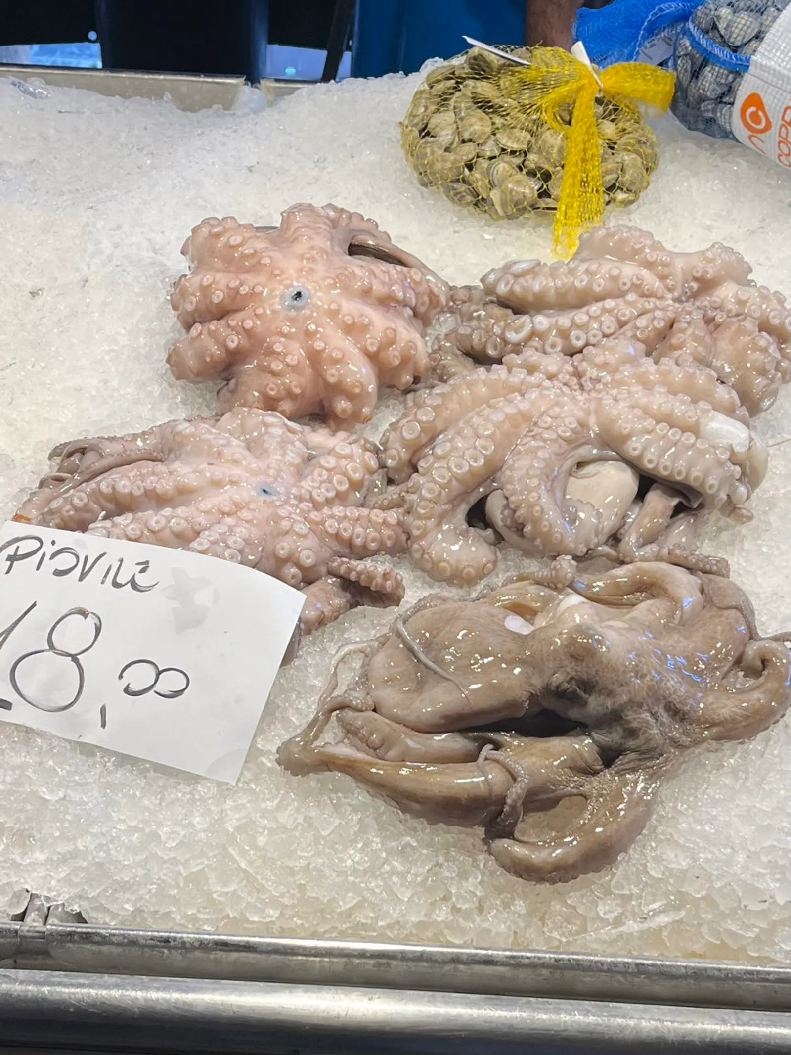Verse inktvis op de vismarkt van Venetië met een prijskaartje