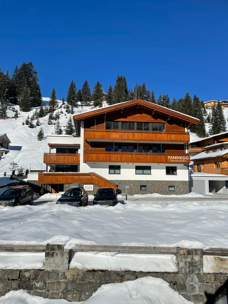 Houten chalets met besneeuwde bergen op de achtergrond in Lech