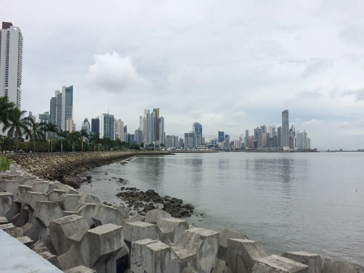 De skyline van Panama-Stad met wolkenkrabbers gezien vanaf de kust