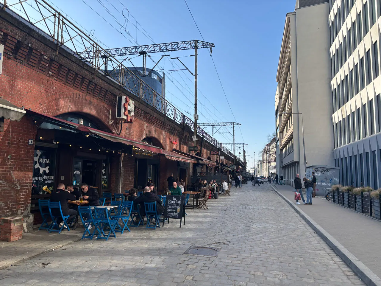 Een uitgaansstraat met kroegen onder een oud spoorviaduct in Wroclaw