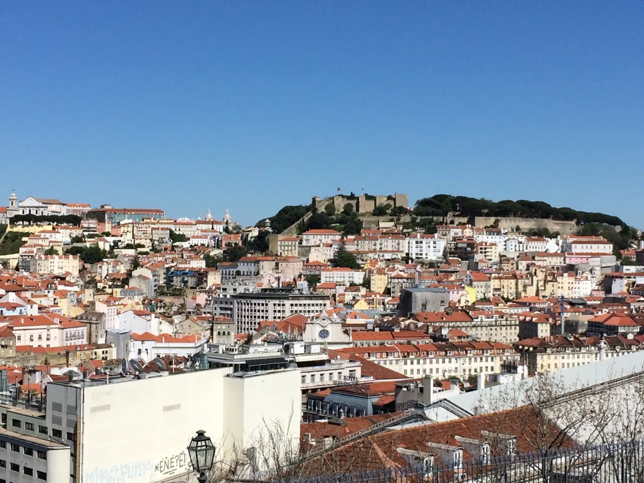 Uitzicht over de daken van Lissabon met de heuvel en het kasteel São Jorge