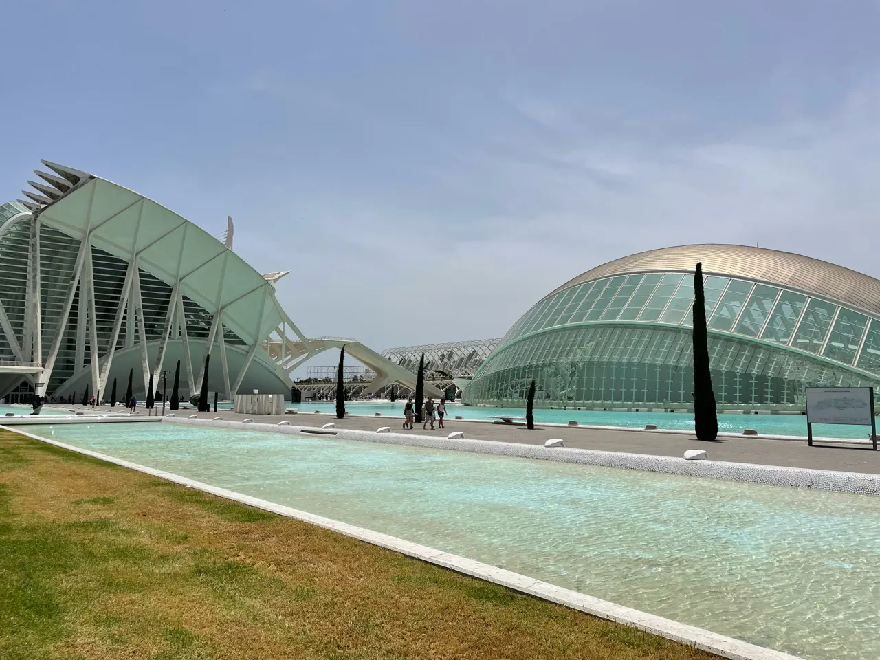De futuristische witte gebouwen van de Ciutat de les Arts i les Ciències in Valencia met blauw water