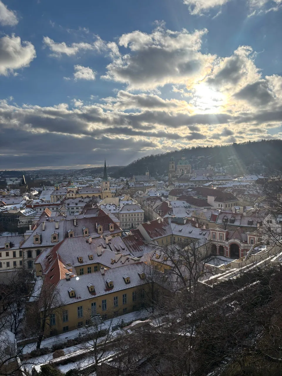 Besneeuwde daken van Praag onder een bewolkte winterlucht