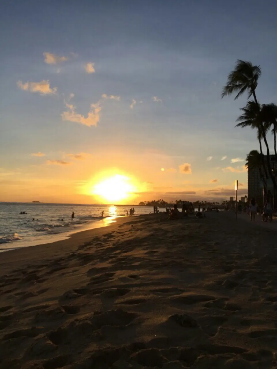 Een zwart lavastrand met palmbomen op Big Island Hawaï bij zonsondergang